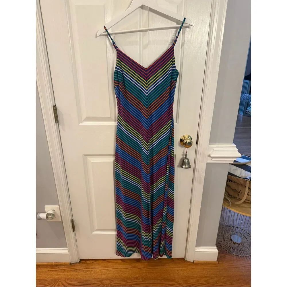 Lauren Ralph Lauren Navy Rainbow Stripe Black Label Maxi Dress sz 4 EUC